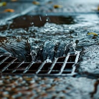 Rainwater flowing down paving into a stormwater drain